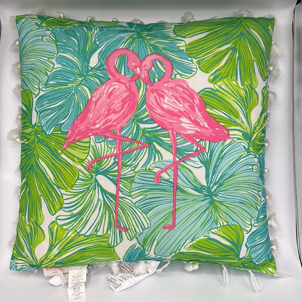 Pottery Barn Lilly Pulitzer Flamingo Palm tassel throw pillow